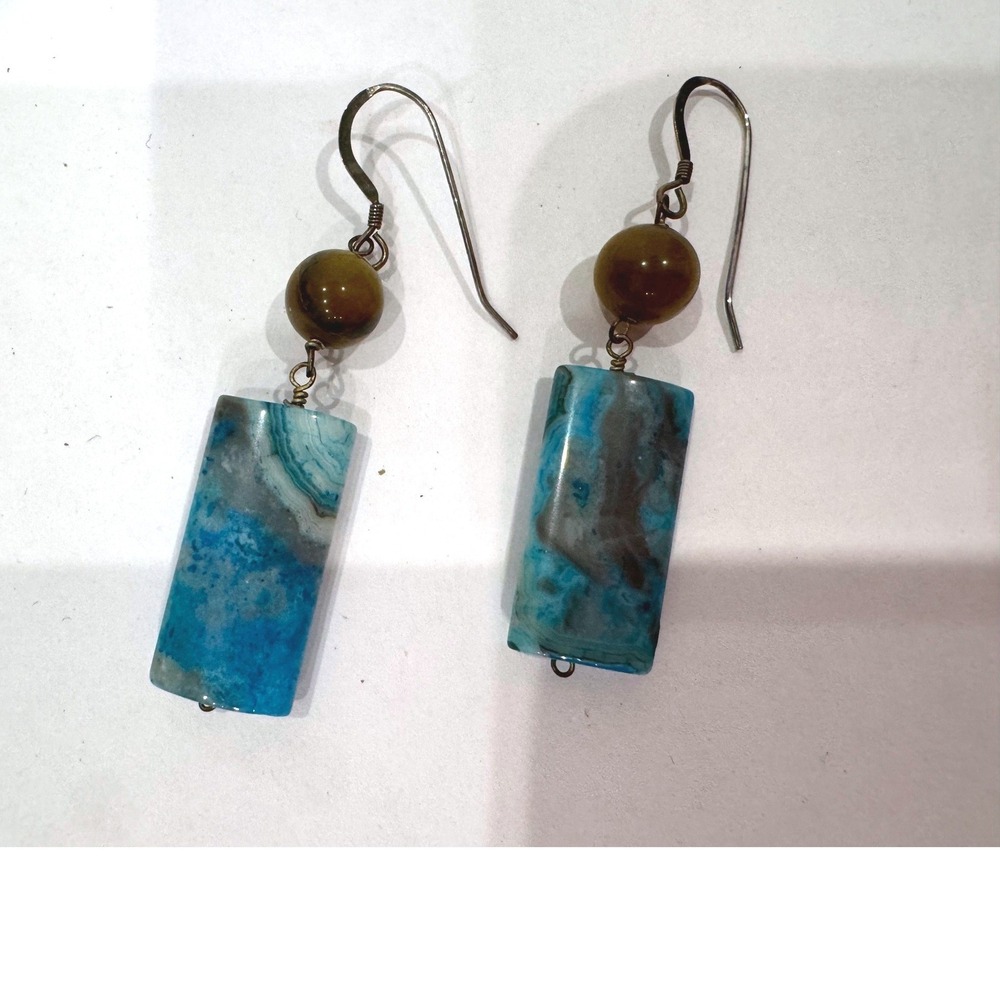 Boho Blue Agate Stone Necklace & Earrings Set Tiger Eye Pearl‎ Beaded Statement - Picture 2 of 9